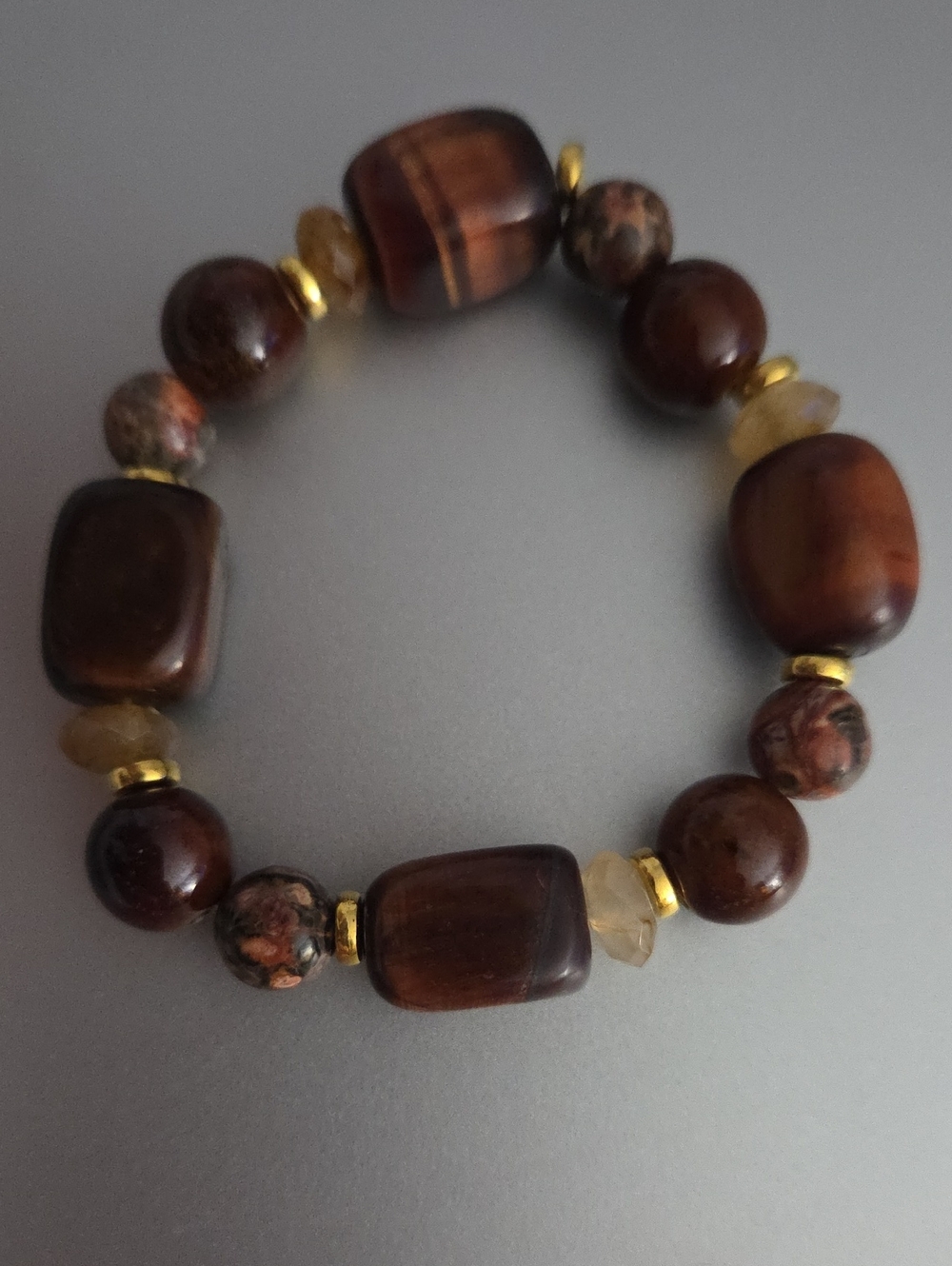 Brown Beaded Stretch Bracelet with Gold Accents